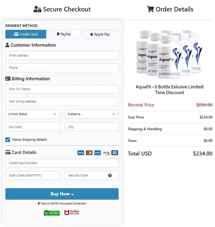 AquaFit secure checkout page